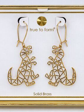 True to Form Solid Brass T-Rex Dinosaur Earrings NWT Geometric Gold Tone